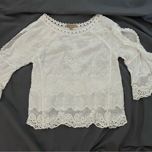 Democracy White Lace Cold-Shoulder Crochet Trim Top